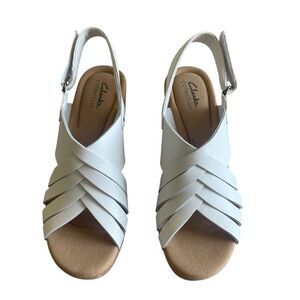 New Clarks White Giselle Leather Wedge Sandals Shoes Women’s Size 9 9M